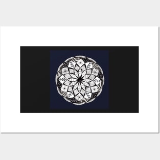 Floral Mandala with s dark indigo Background Posters and Art